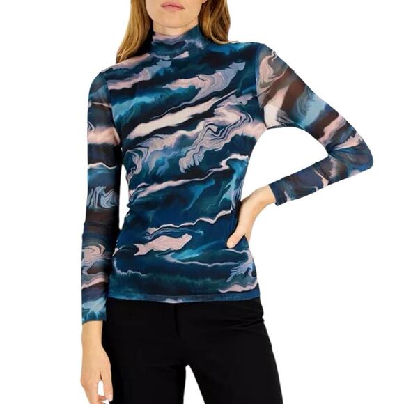 ANNE KLEIN ZIP BLOUSE BLUE MULTI MESH STRETCH SMALL LONG SLEEVE TURTLENECK - Picture 2 of 11